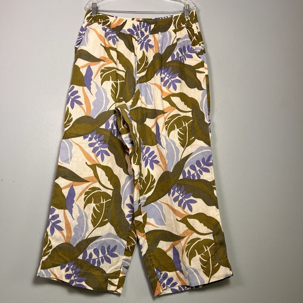 Tahari 100% Linen Wide Leg Pants Size XL Tropical Botanical Print Beach Resort